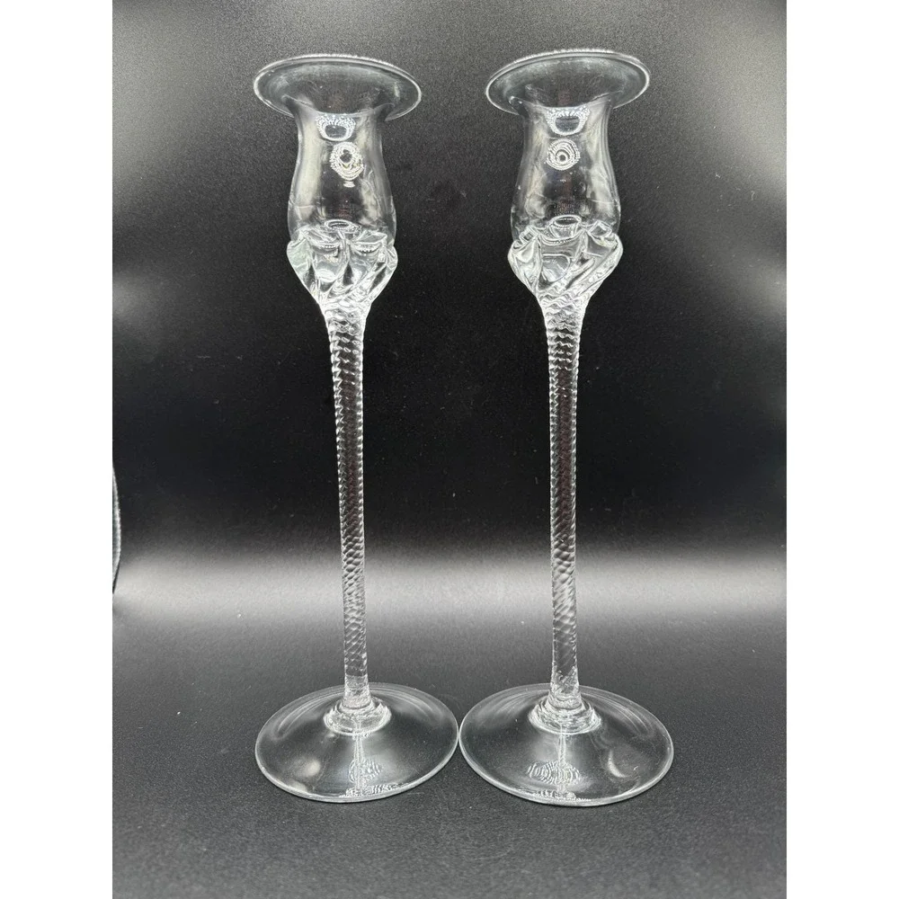 Art Glass Pair Candlesticks Vtg. Optic Twist Stem Floral Tulip Cottage Regency‎